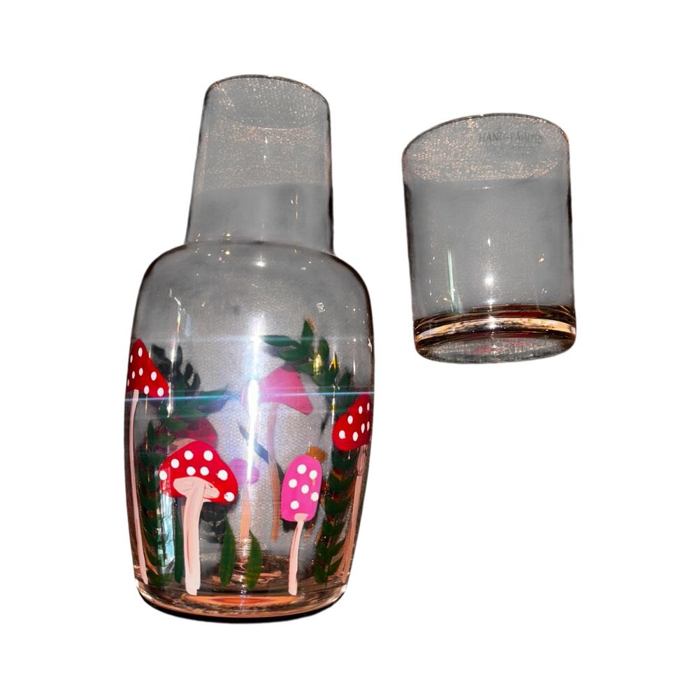 Polka Dot Mushroom Theme Glass Carafe & Matching Glass Hand-painted Boho Retro